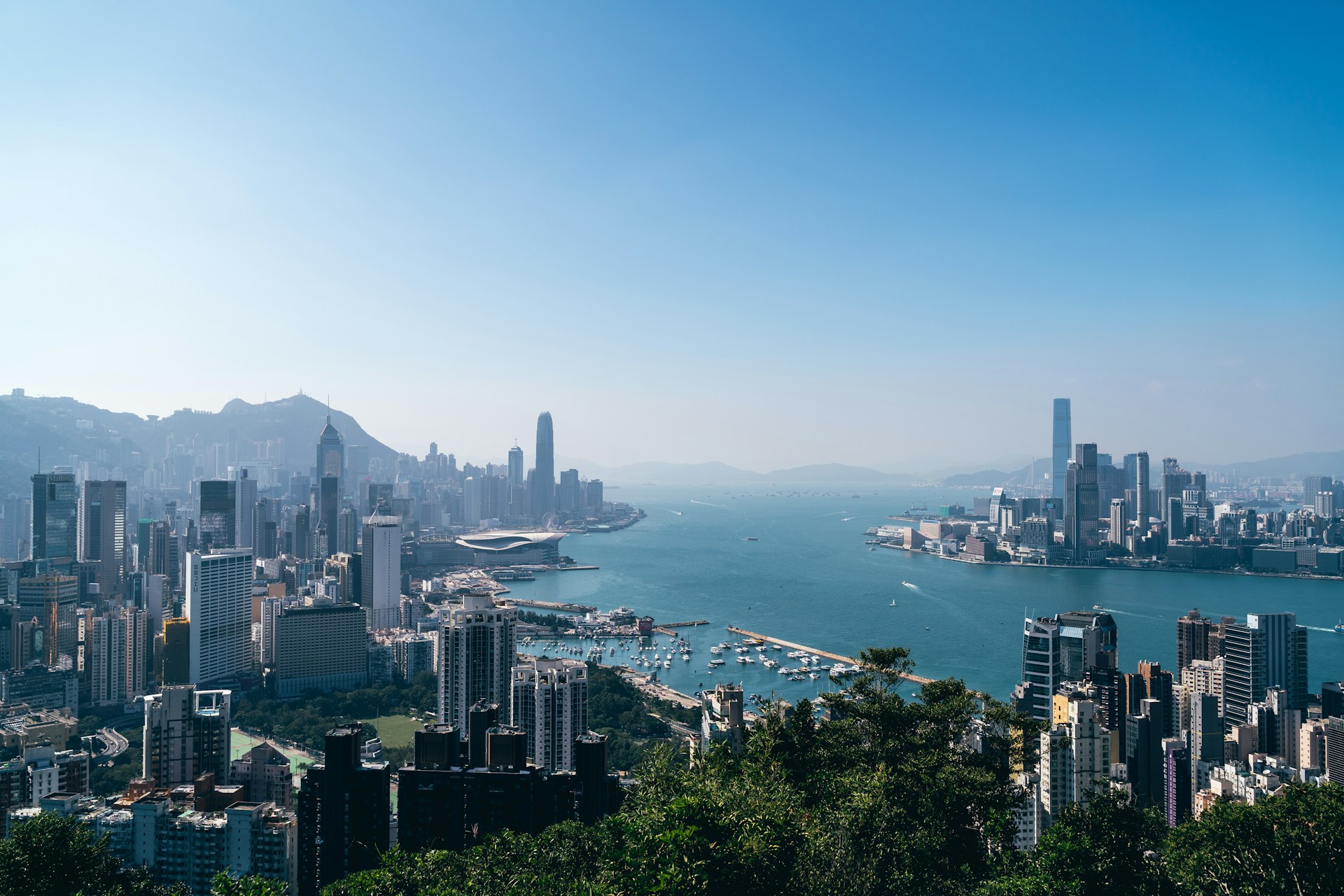Daylight over a waterfront city and its harbour